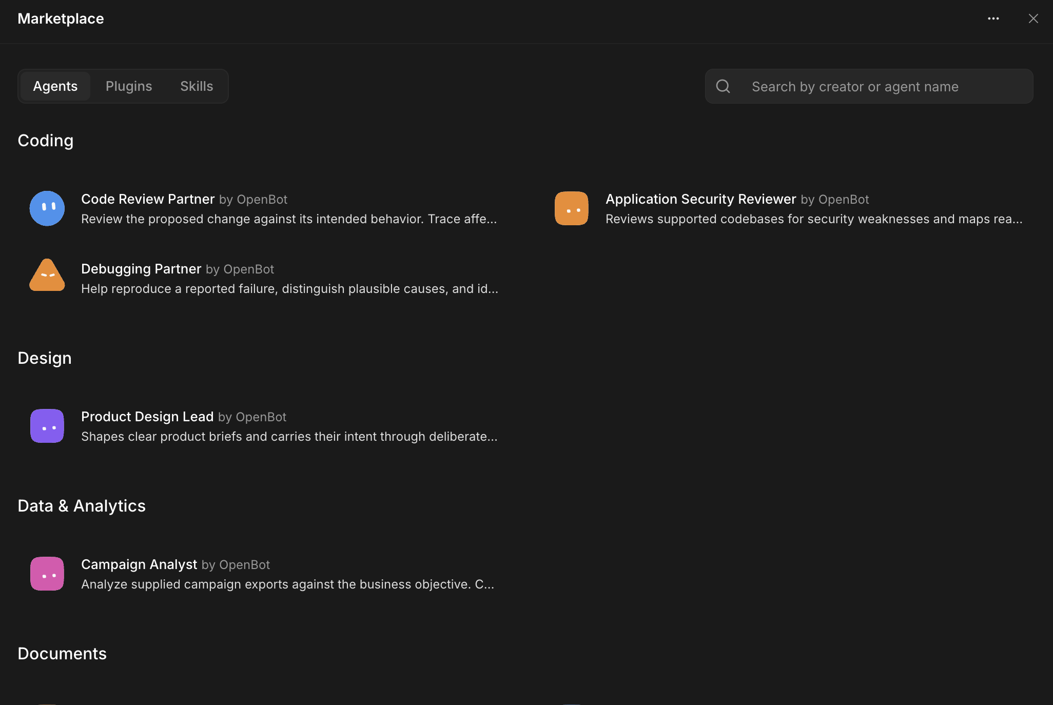 Oryn Marketplace with the Agents tab selected and the Plugins and Skills tabs visible. Agent listings are grouped by category.